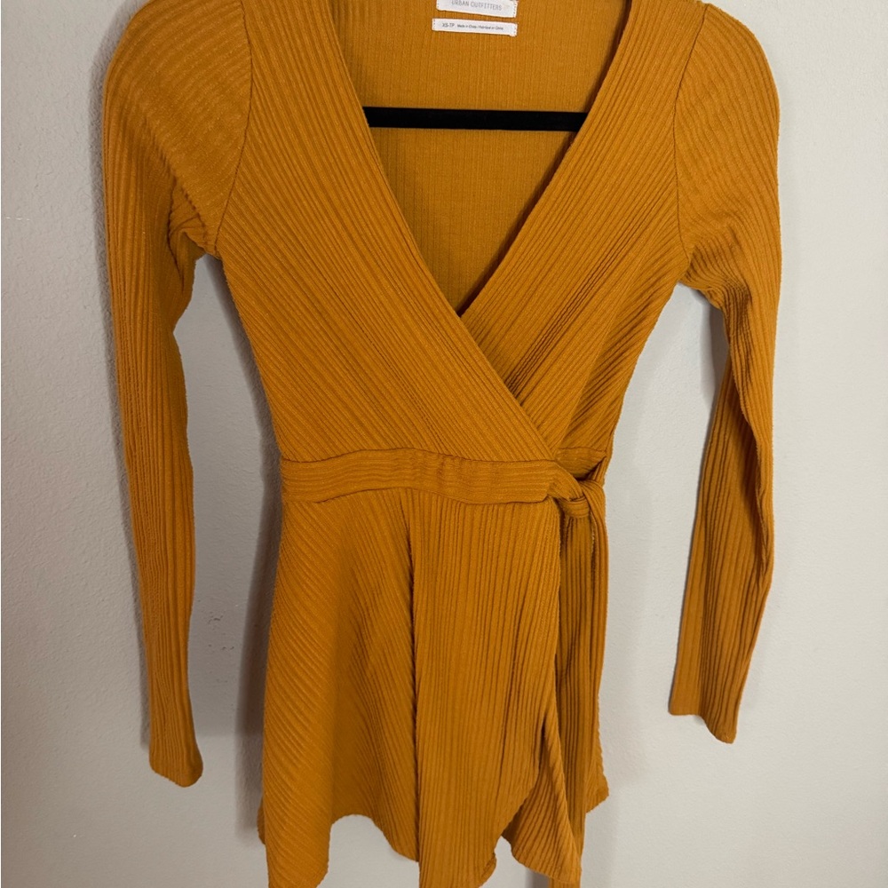 Urban Outfitters Mustard Ribbed Faux Wrap Mini Dress XS